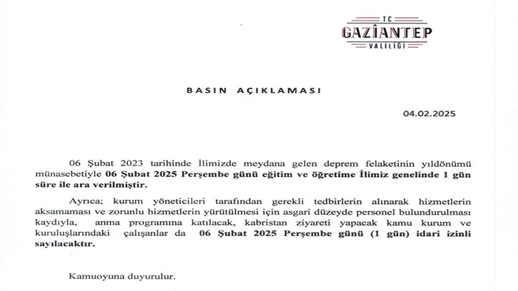 Gaziantep'te deprem yıldönümünde okullar tatil edildi